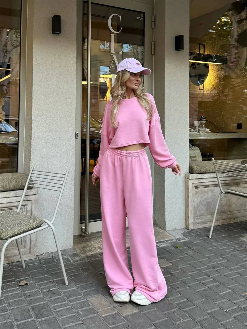 Casual Elastic Wide Leg Pants 2 Pieces Sets