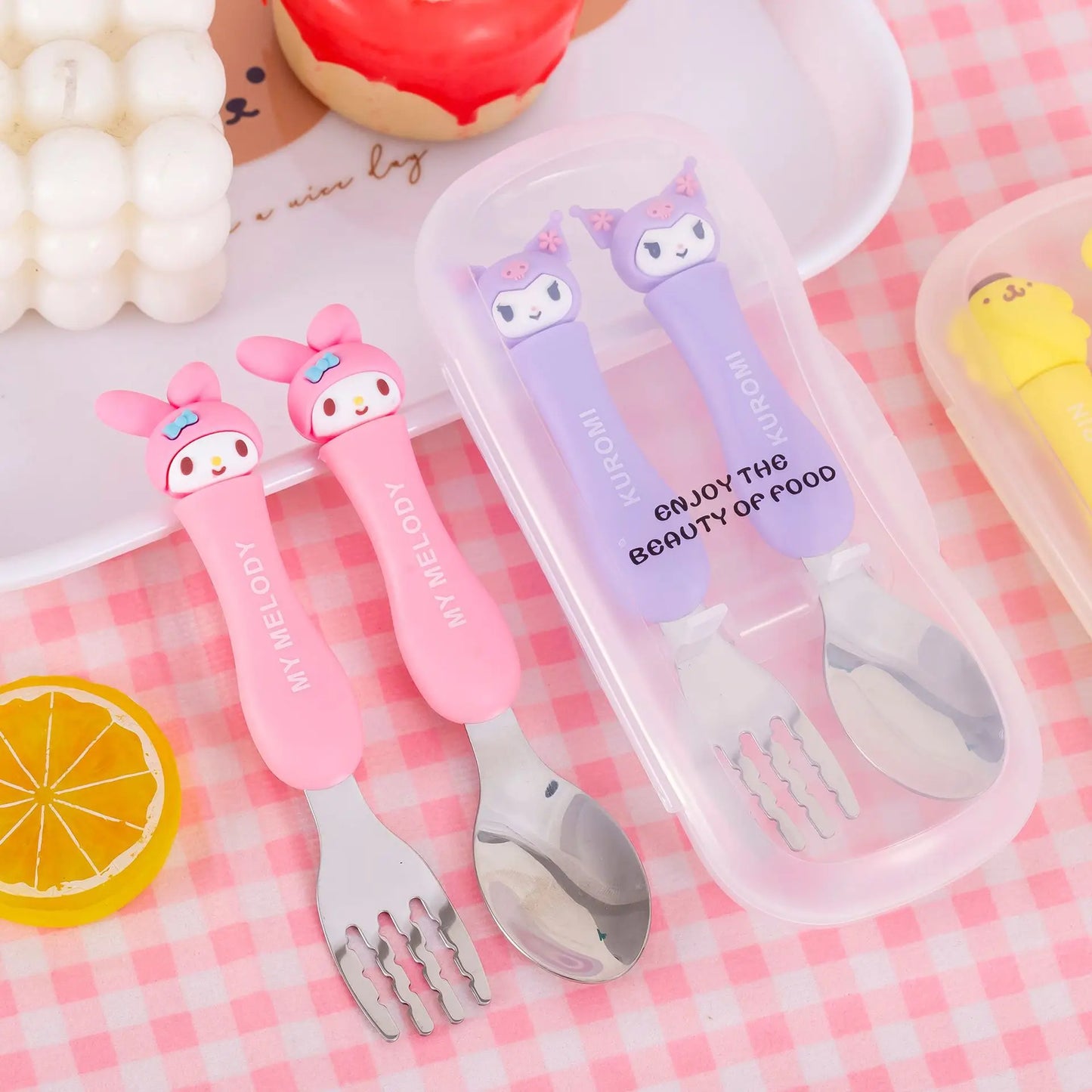 Anime Figure Hello Kitty Children Stainless Steel Cutlery Set Kuromi Cartoon Action Model Spoon Fork My Melody Baby Tableware