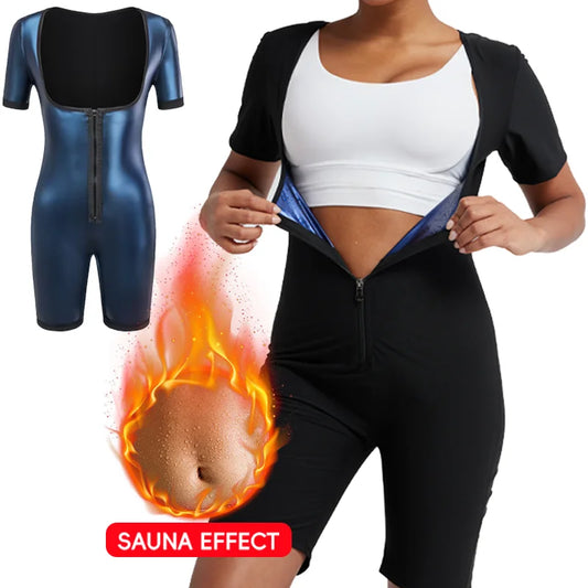 Women Sauna Suit Full Body Shaper 3 in 1 Sweat Vest Waist Trainer Zipper Slimming Bodysuit Shapewear Workout with Sleeve Shorts