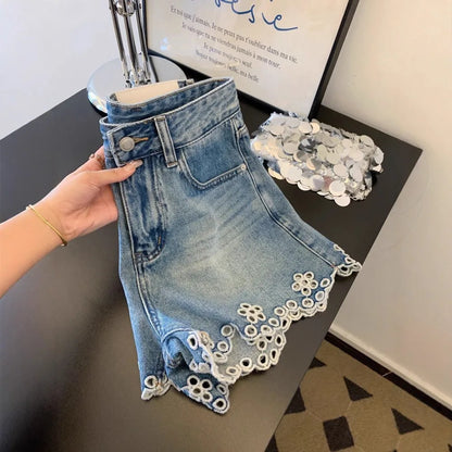 Embroidered Hollowed Out Edge Denim Shorts