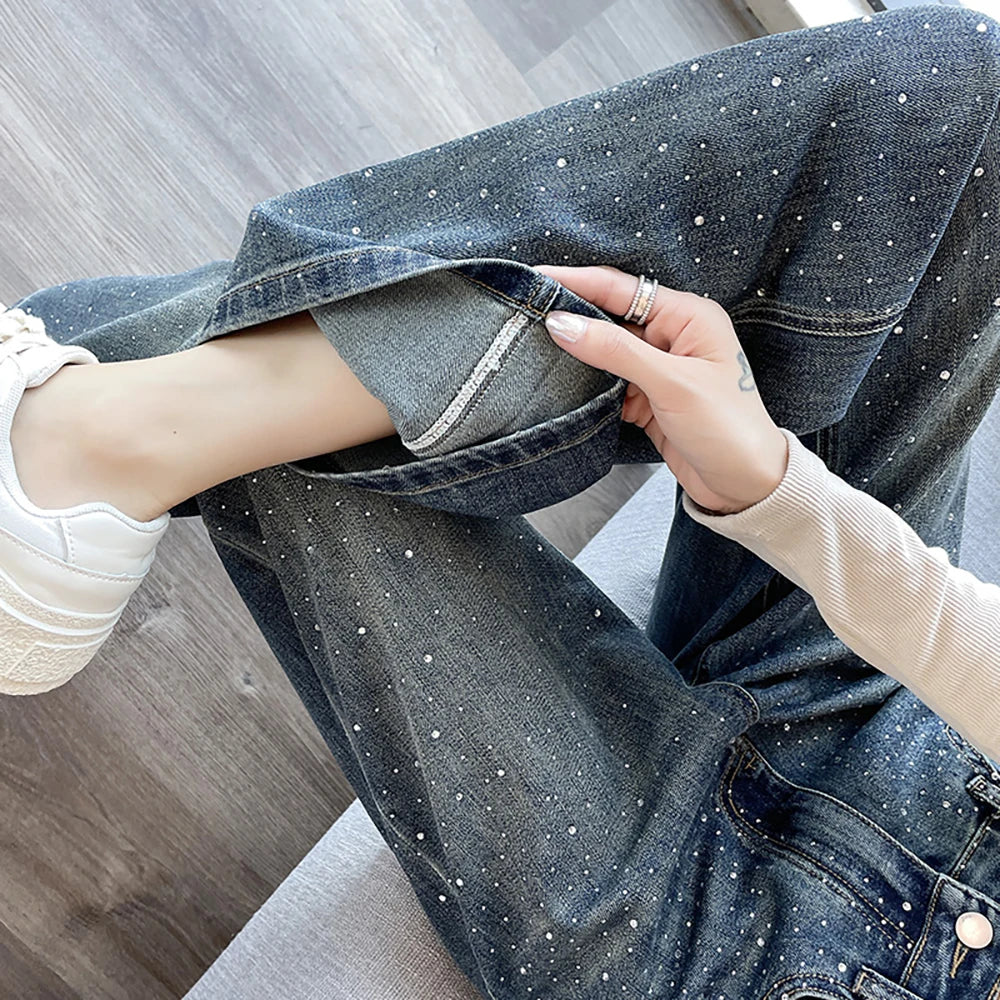 High Waist Loose Hot Stamping Diamond Denim Pants