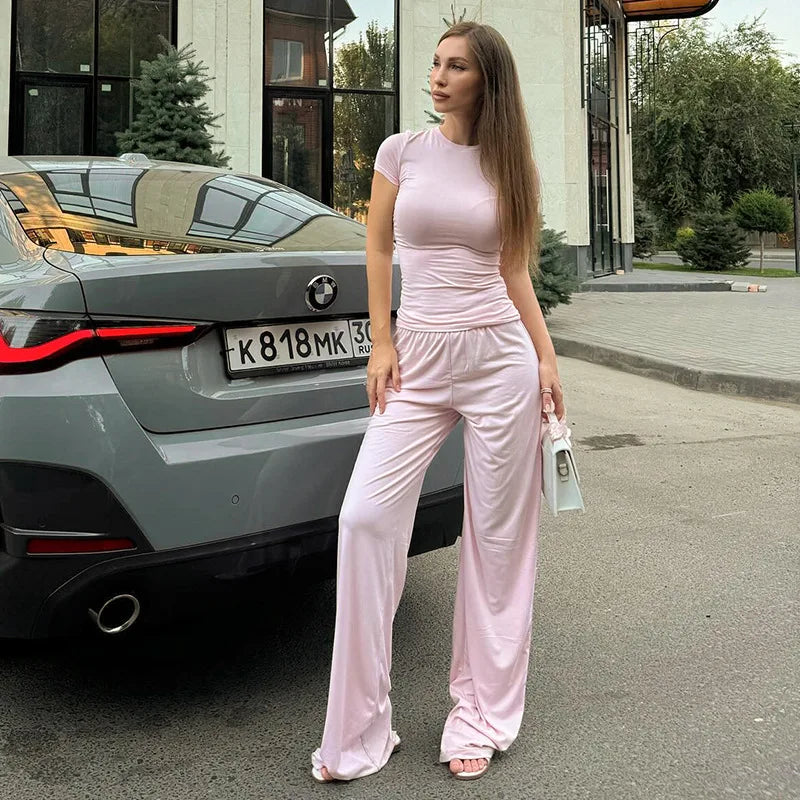 Elastic Waist Pants Set Round Neck Short