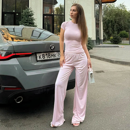 Elastic Waist Pants Set Round Neck Short