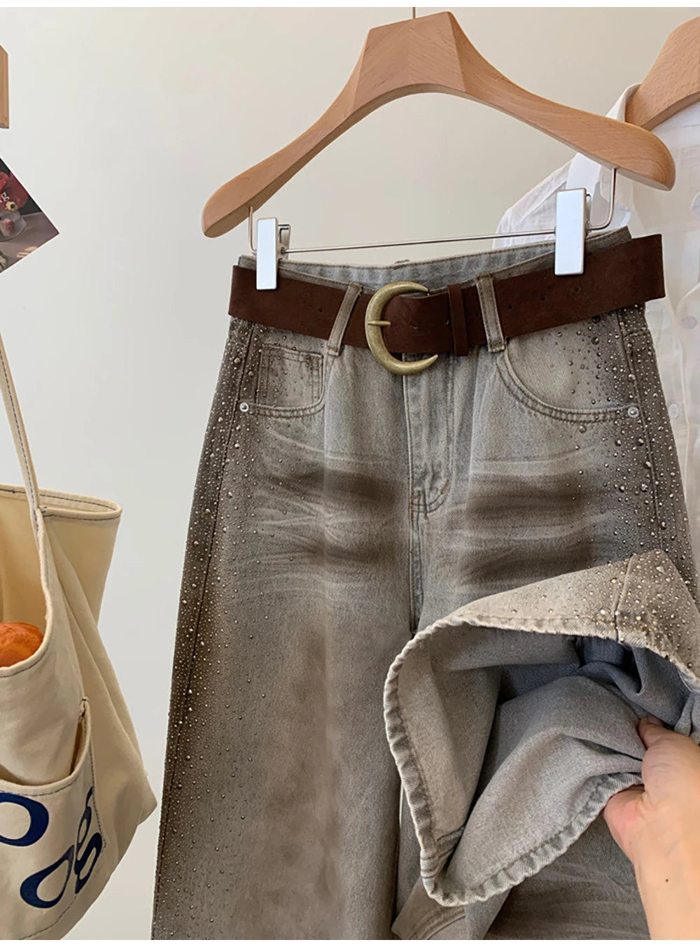 Rhinestone Wide Leg Denim Pants