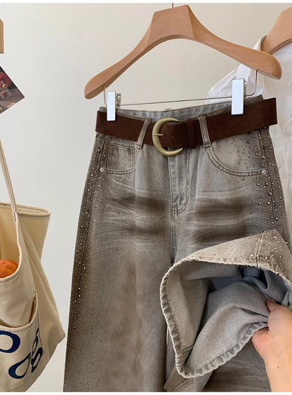 Rhinestone Wide Leg Denim Pants