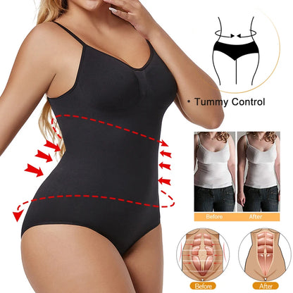Low Back Bodysuit Shapewear for Women – Seamless Tummy Control Push-Up Body Shaper with Open Crotch & Adjustable Straps