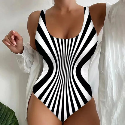 Black Striped One Piece Swimsuit Large Size 5XL Set