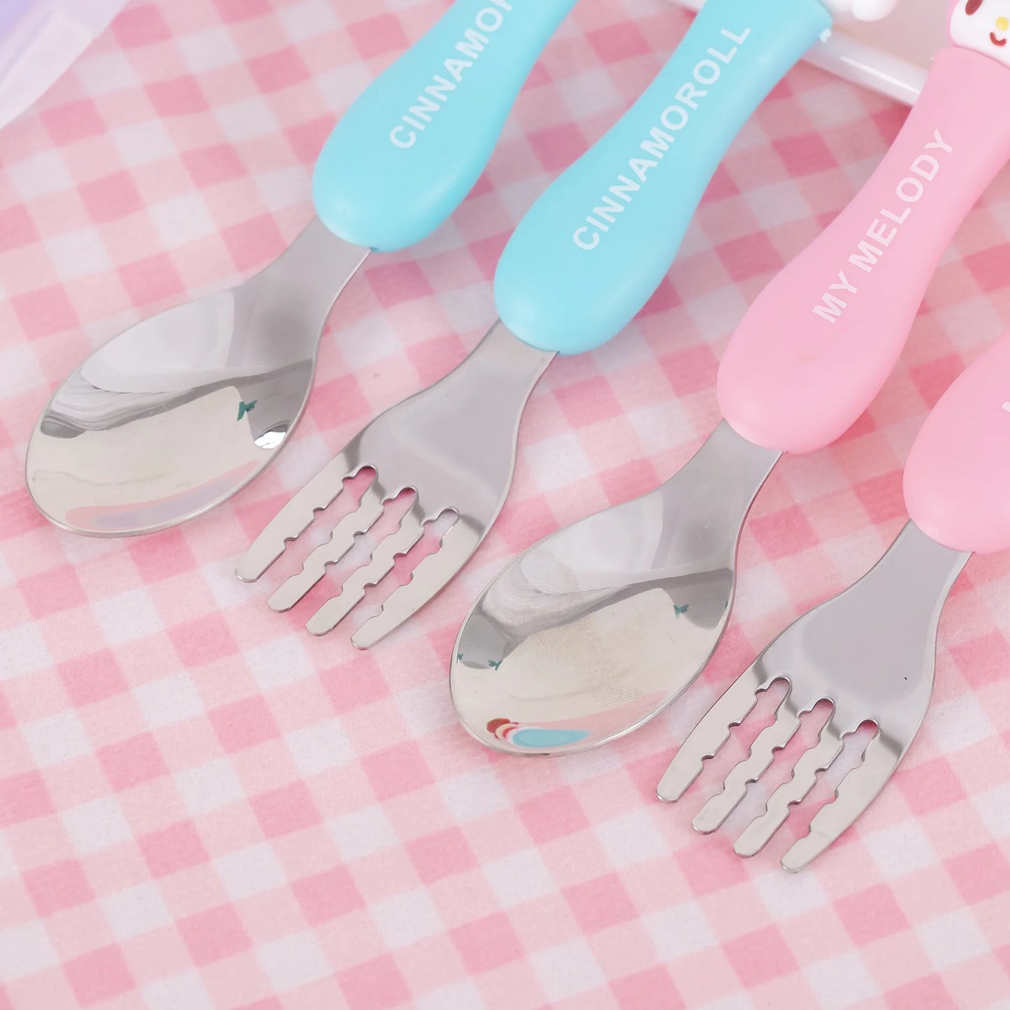 Anime Figure Hello Kitty Children Stainless Steel Cutlery Set Kuromi Cartoon Action Model Spoon Fork My Melody Baby Tableware