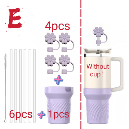 13pcs accessories for Stanley 40oz thermos cup, flower straw covers, 10mm straws, silicone cup sleeves and cleaning brushes.