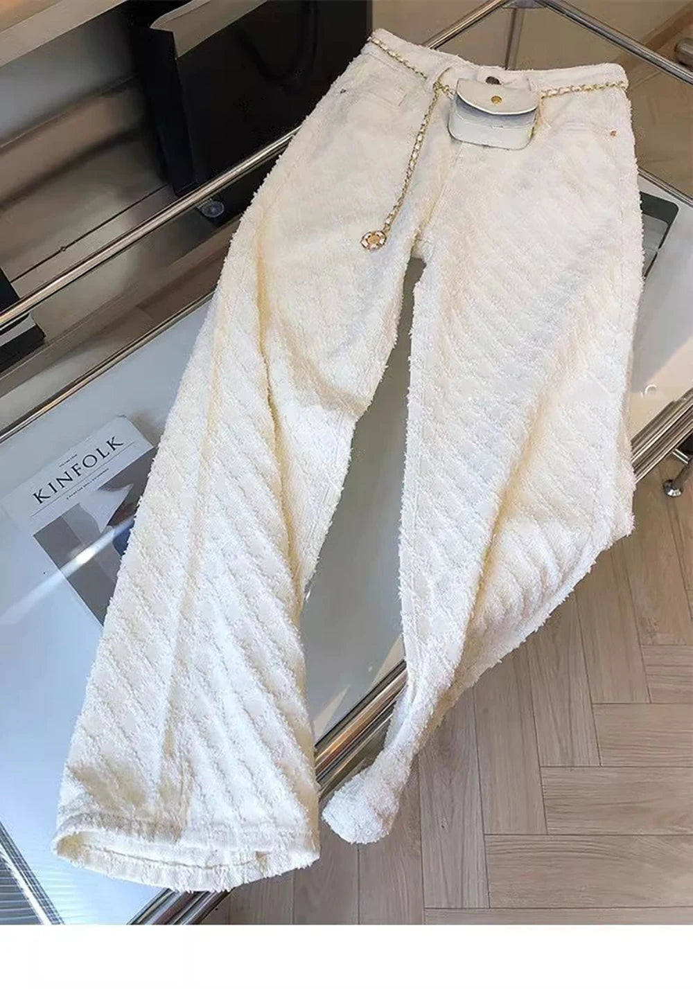 White Plaid Straight Loose Pants