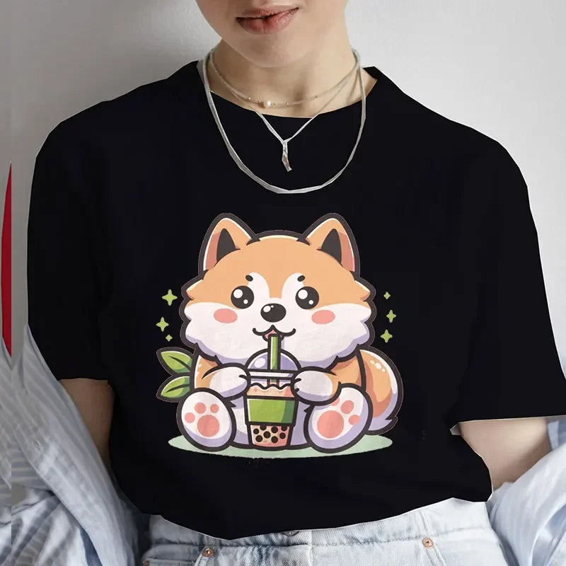 Casual Kawaii Boba Milk Tea Print Tshirt Bubble Tea Cartoon