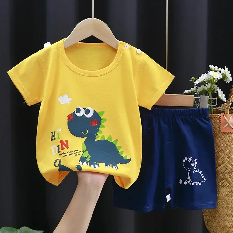 2-Piece Summer Cotton T-Shirt & Shorts Set for Toddlers – Unisex Cartoon Print Outfit