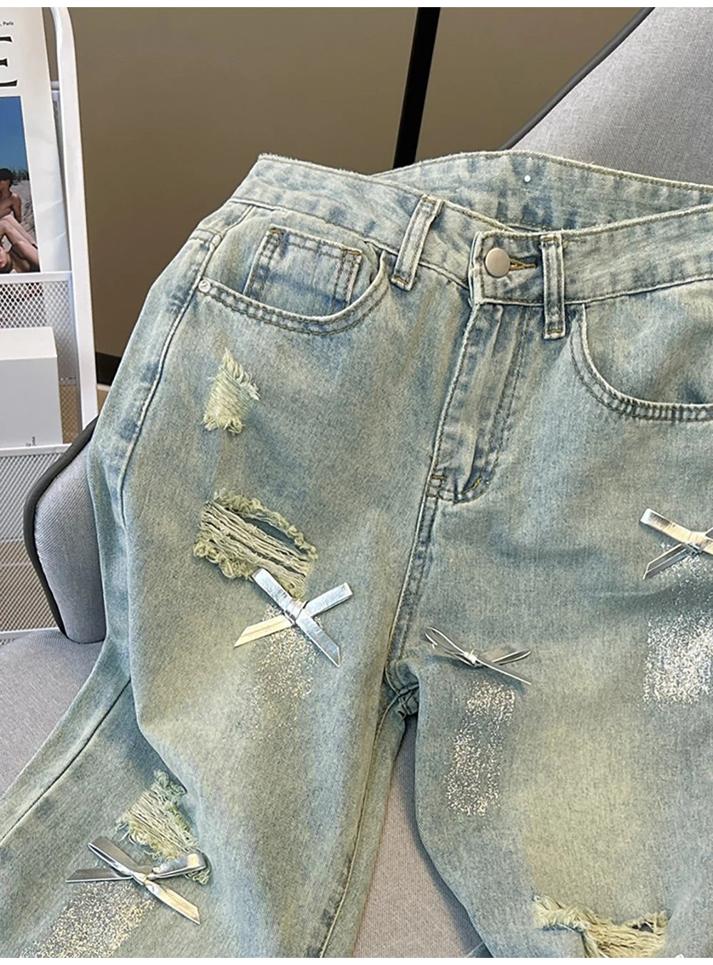 Distressed Ripped Blue Denim Pants