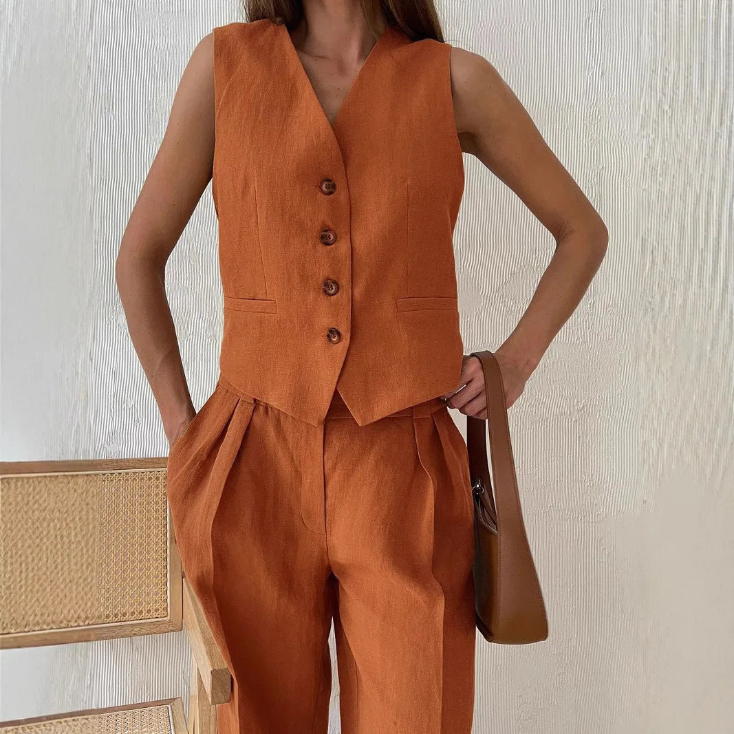 Linen Cotton Chic Vest ＆ Pants Suit Two-Piece Set