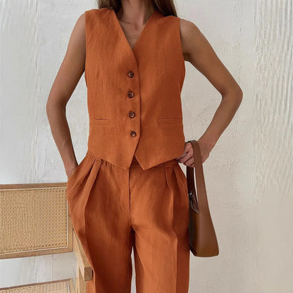 Linen Cotton Chic Vest ＆ Pants Suit Two-Piece Set