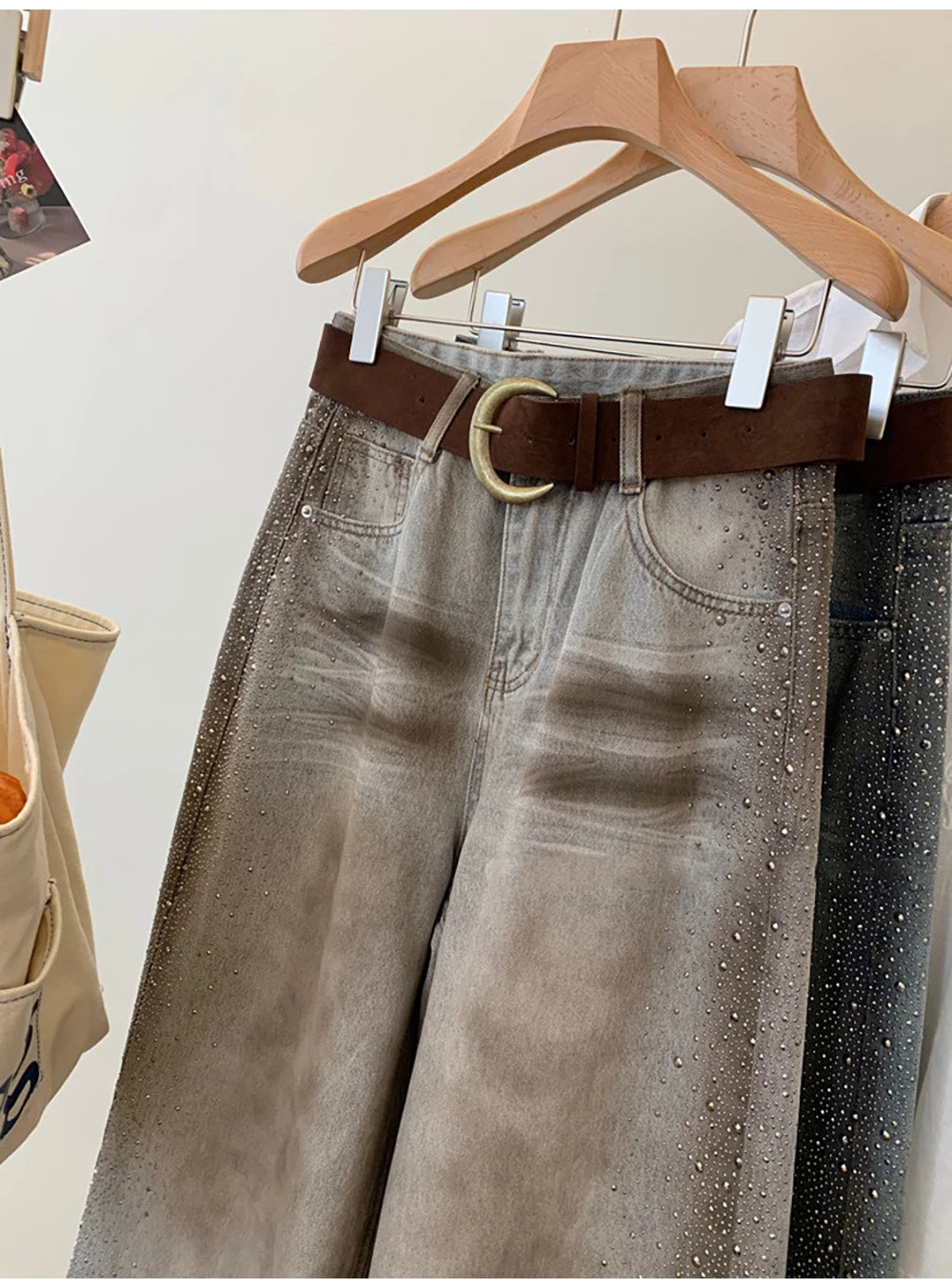 Rhinestone Wide Leg Denim Pants