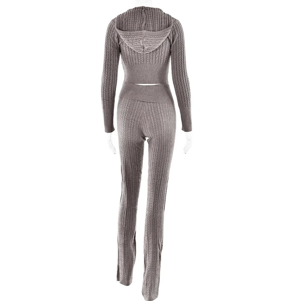 Knitted Long Sleeve Zipper Hooded Two Piece Sets