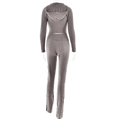 Knitted Long Sleeve Zipper Hooded Two Piece Sets