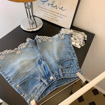 Embroidered Hollowed Out Edge Denim Shorts