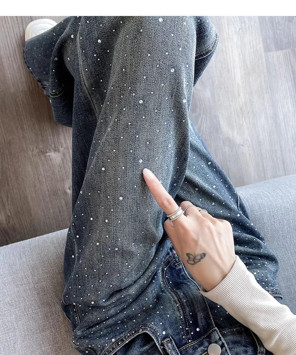 High Waist Loose Hot Stamping Diamond Denim Pants