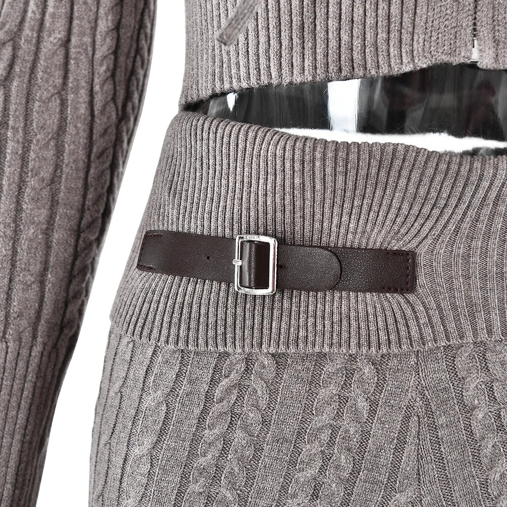Knitted Long Sleeve Zipper Hooded Two Piece Sets