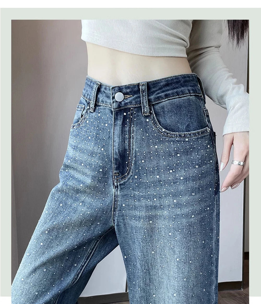 High Waist Loose Hot Stamping Diamond Denim Pants