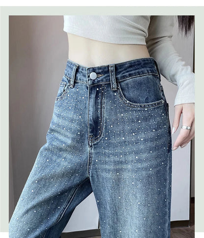 High Waist Loose Hot Stamping Diamond Denim Pants