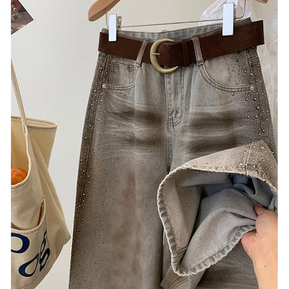 Rhinestone Wide Leg Denim Pants