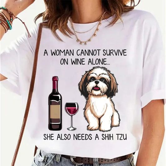 Shih Tzu and Wine Funny Dog Kawaii Harajuku T Shirts