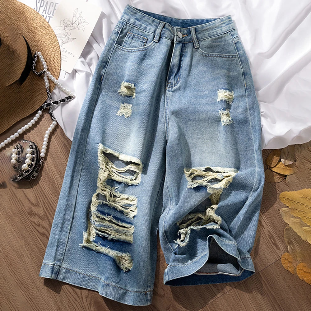 Ripped Holes Denim Shorts for Women