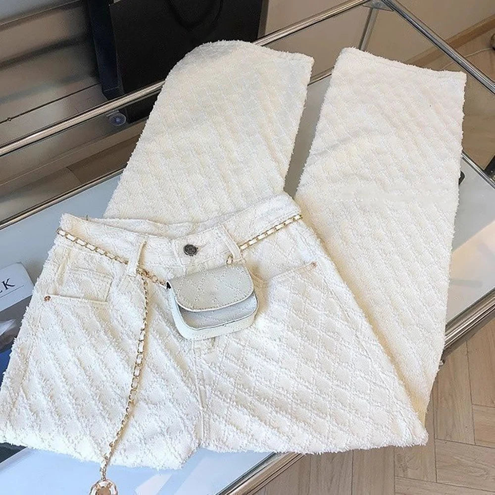 White Plaid Straight Loose Pants