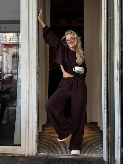 Casual Elastic Wide Leg Pants 2 Pieces Sets