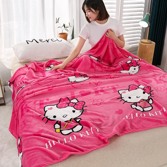 Cute Hello Kitty Cartoon Blanket Kawaii Kt Cat Home Textile Flannel Soft Warm Throw Blanket Bedding Sofa Cover for Girls Gift