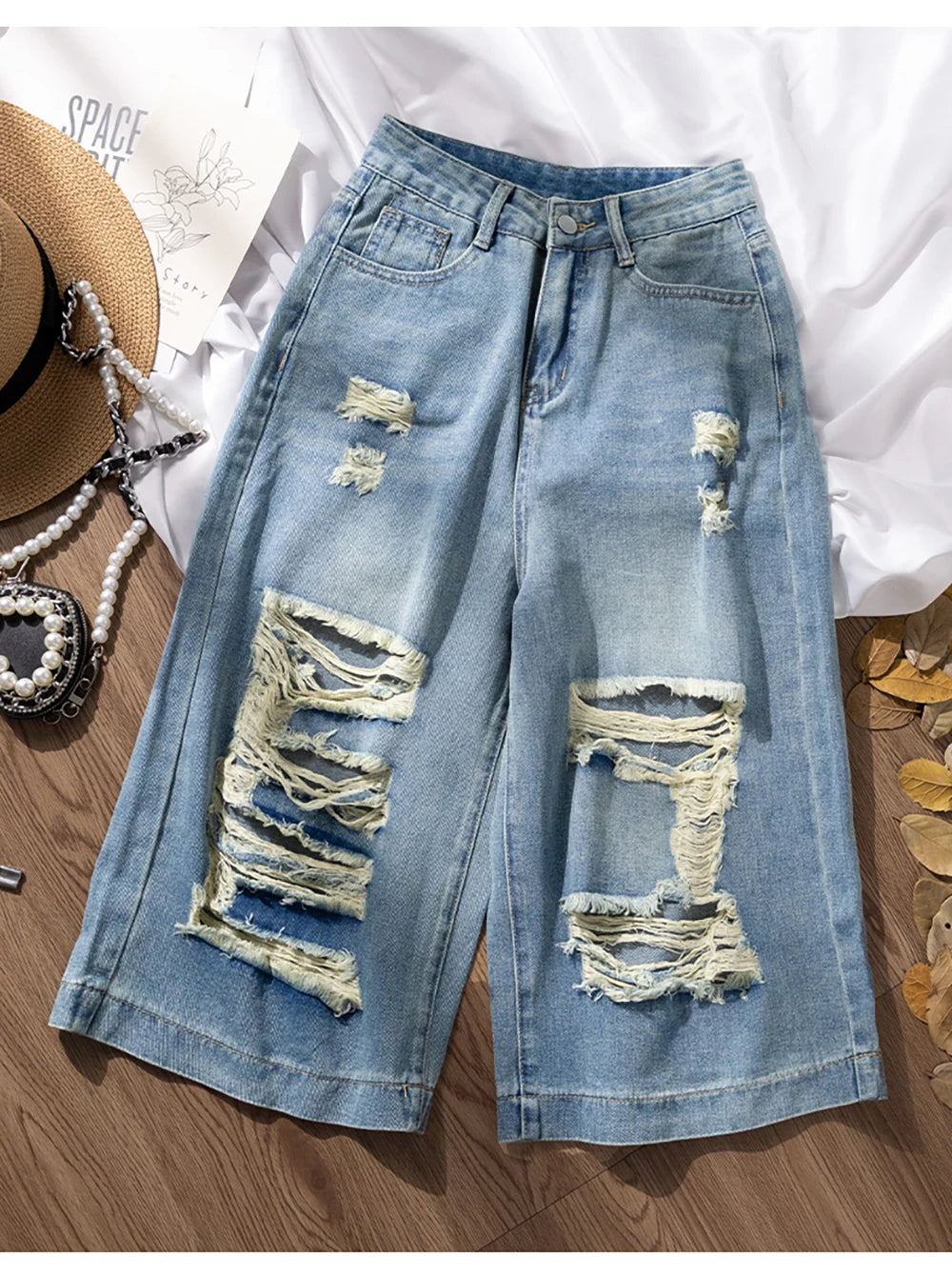 Ripped Holes Denim Shorts for Women