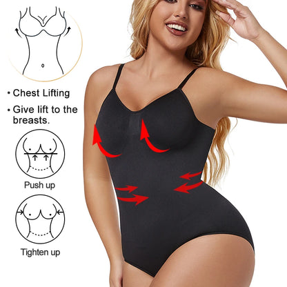 Low Back Bodysuit Shapewear for Women – Seamless Tummy Control Push-Up Body Shaper with Open Crotch & Adjustable Straps
