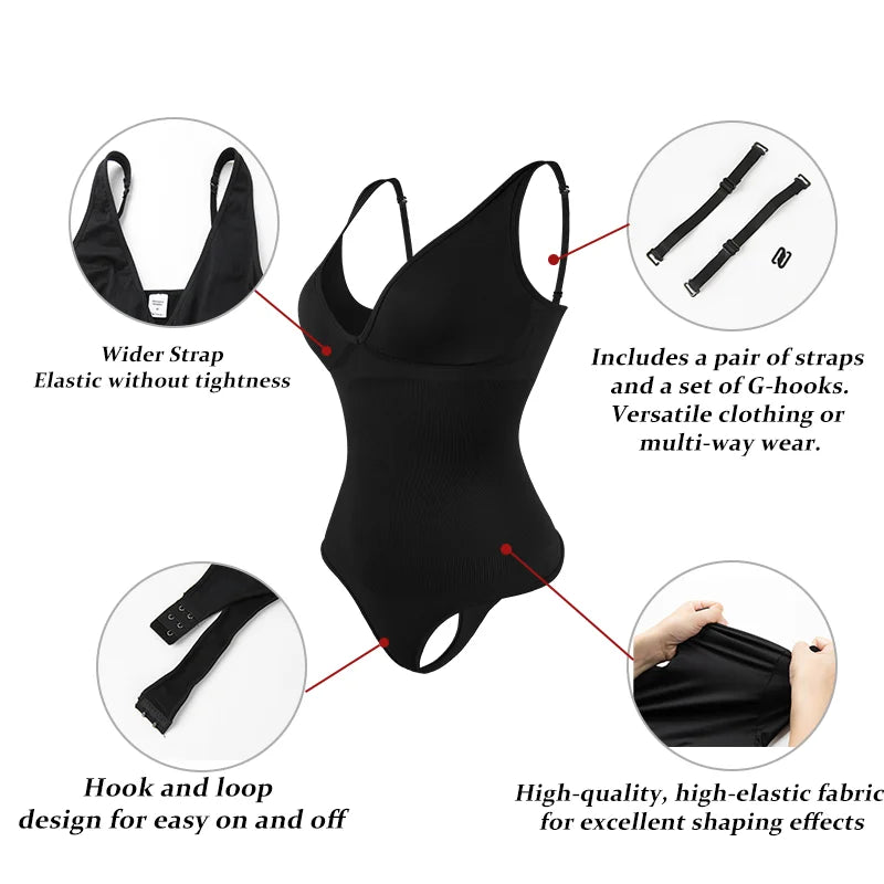 Women Deep V Cup Bodysuit Adjustable Strap Shapewear Halter Top Tummy Control Fajas Columbiana Thong Sexy Beachwear 2025