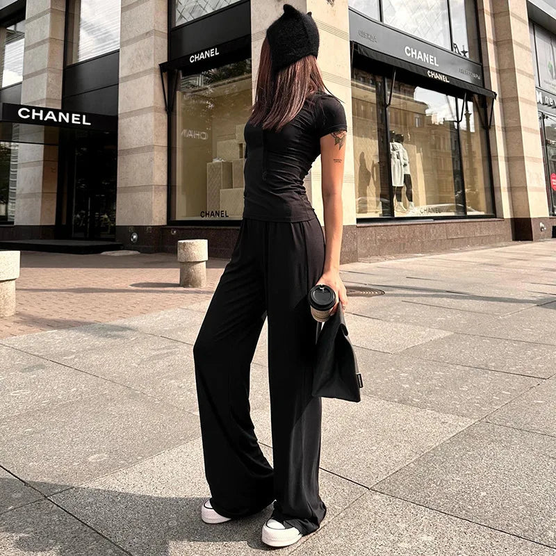 Elastic Waist Pants Set Round Neck Short