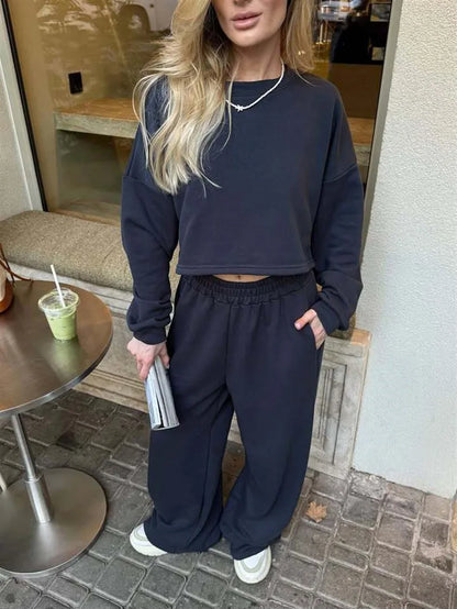 Casual Elastic Wide Leg Pants 2 Pieces Sets