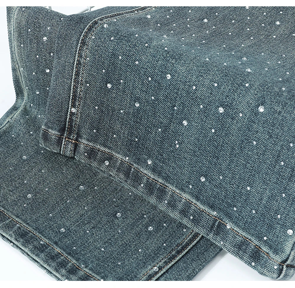High Waist Loose Hot Stamping Diamond Denim Pants
