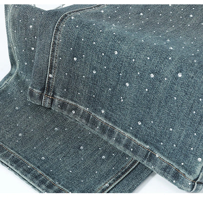 High Waist Loose Hot Stamping Diamond Denim Pants