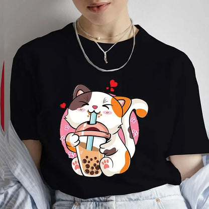 Casual Kawaii Boba Milk Tea Print Tshirt Bubble Tea Cartoon