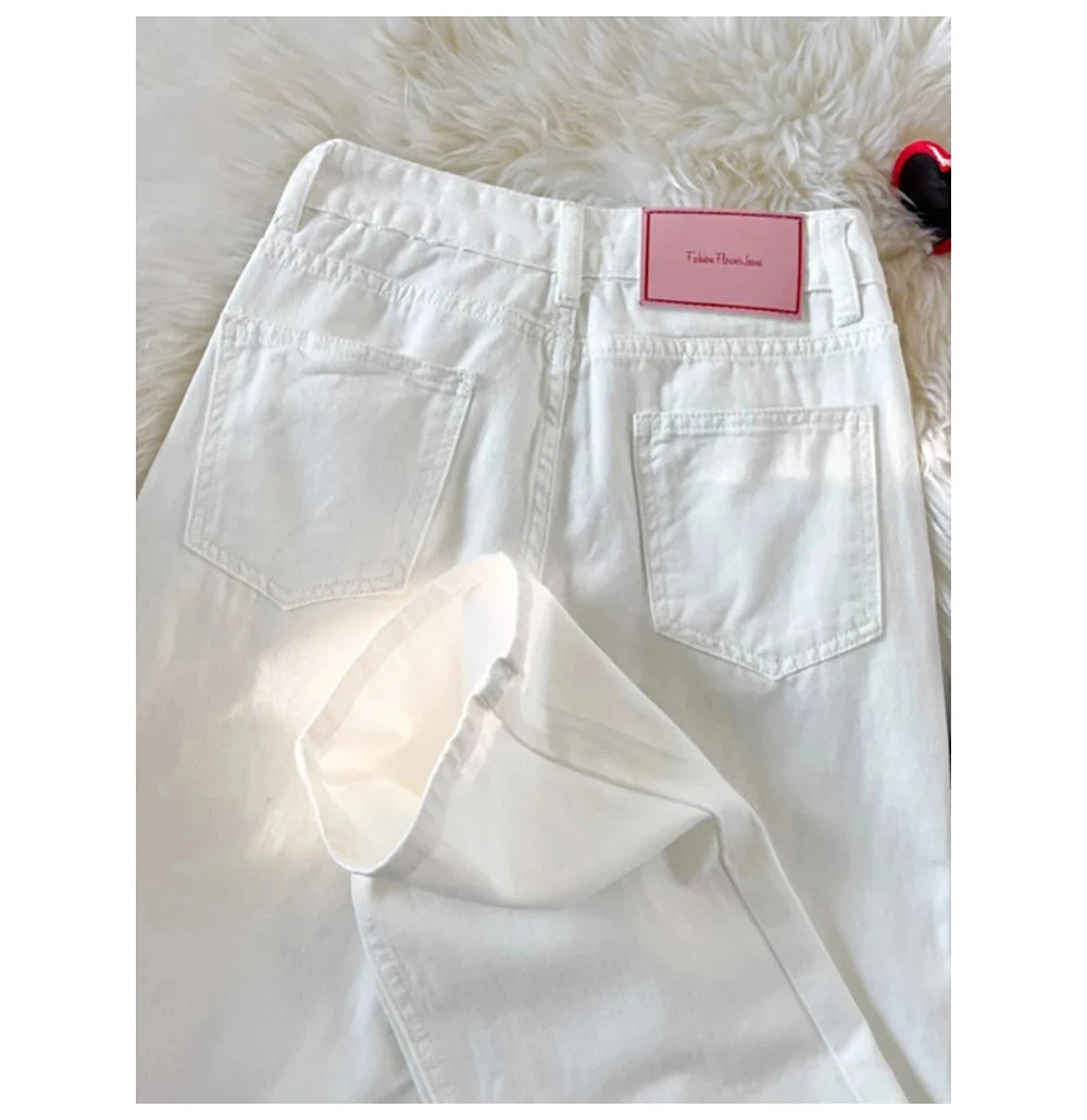 White Wide Leg Denim Pants for Women Size S-5XL