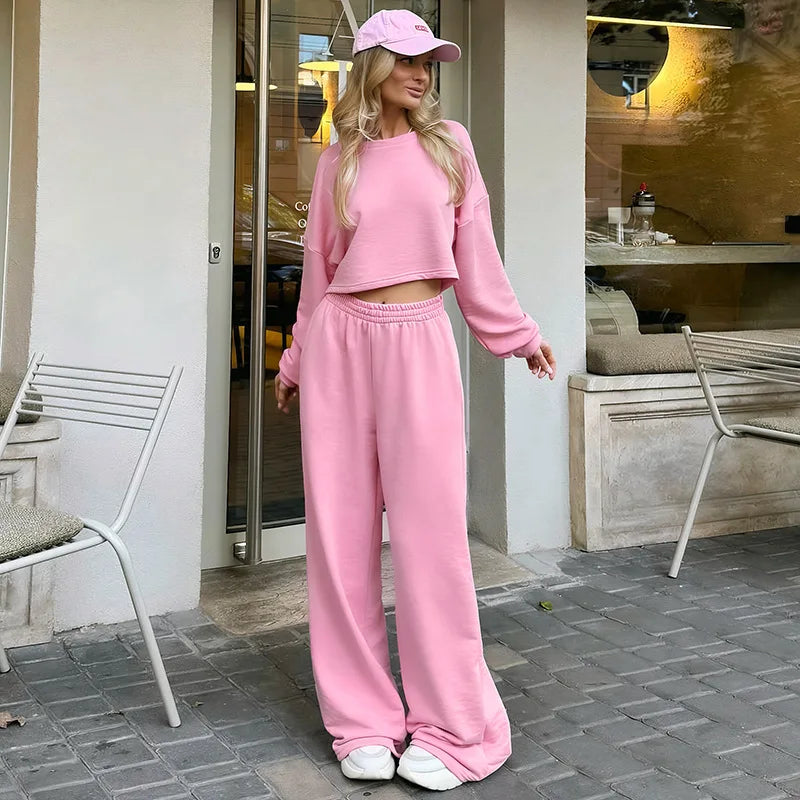 Casual Elastic Wide Leg Pants 2 Pieces Sets