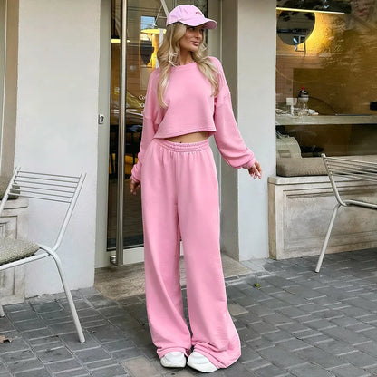 Casual Elastic Wide Leg Pants 2 Pieces Sets