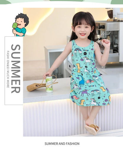 Cute Summer Cartoon Print Dress for Girls – Sleeveless A-Line Princess Outfit