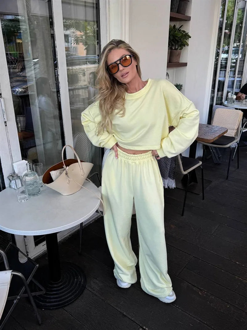 Casual Elastic Wide Leg Pants 2 Pieces Sets