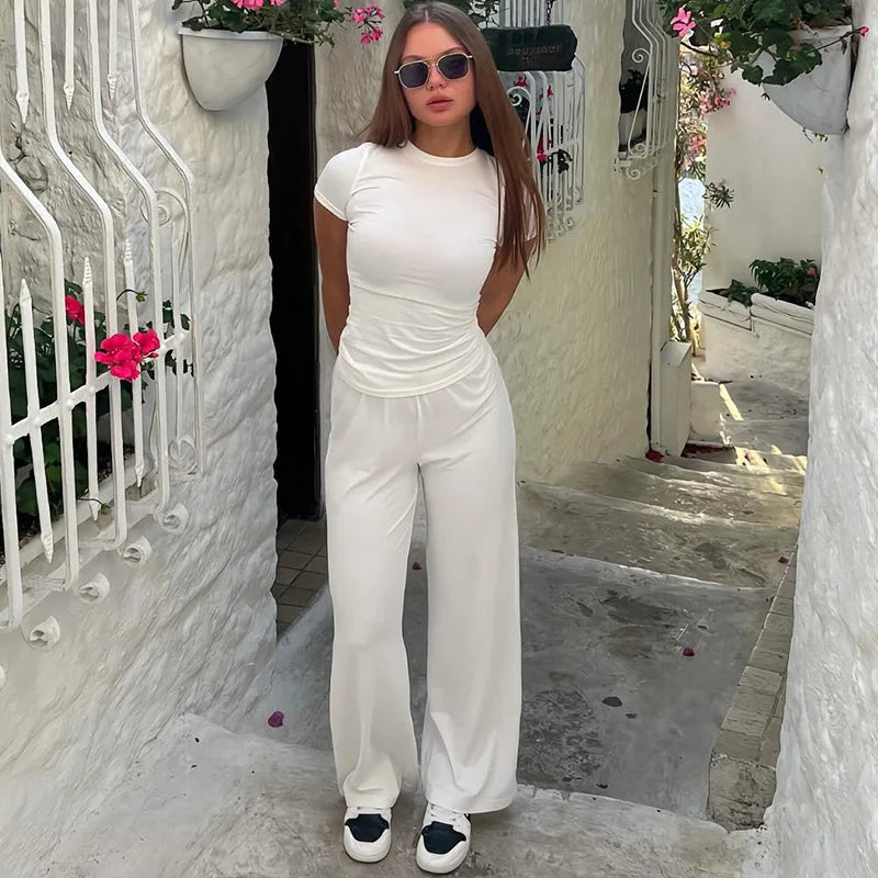 Elastic Waist Pants Set Round Neck Short