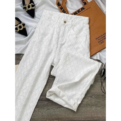 White Plaid Straight Loose Pants