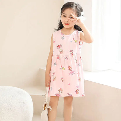 Summer Girls’ Floral Princess Dress – Sleeveless Cotton & Polyester Blend