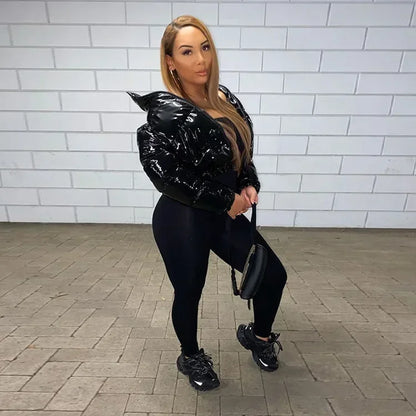 Glossy Short Puffer Jacket for Women – Cotton-Padded Zipper Coat | Casual Sexy Streetwear for Fall & Winter